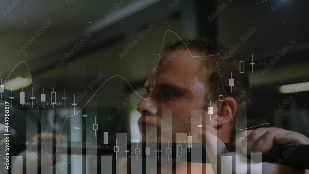 Poster animation of data processing over strong man exercising with gym equipment
