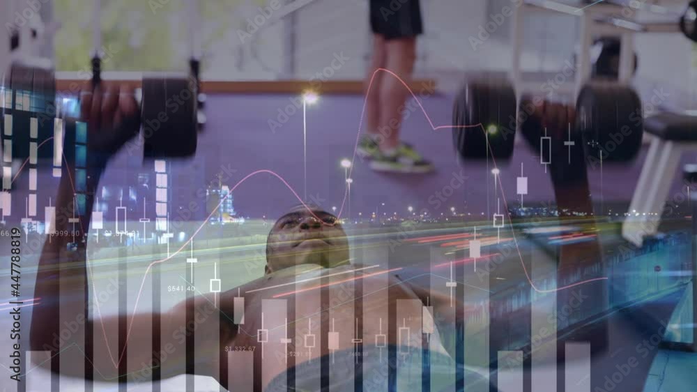 Poster animation of data processing over strong man exercising with dumbbells