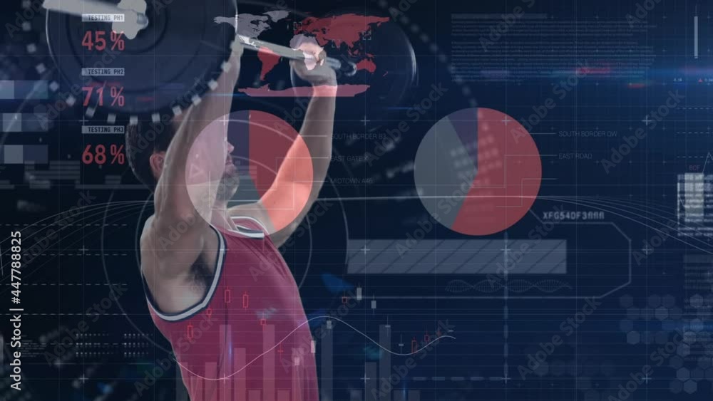 Poster animation of data processing over strong man exercising with gym equipment