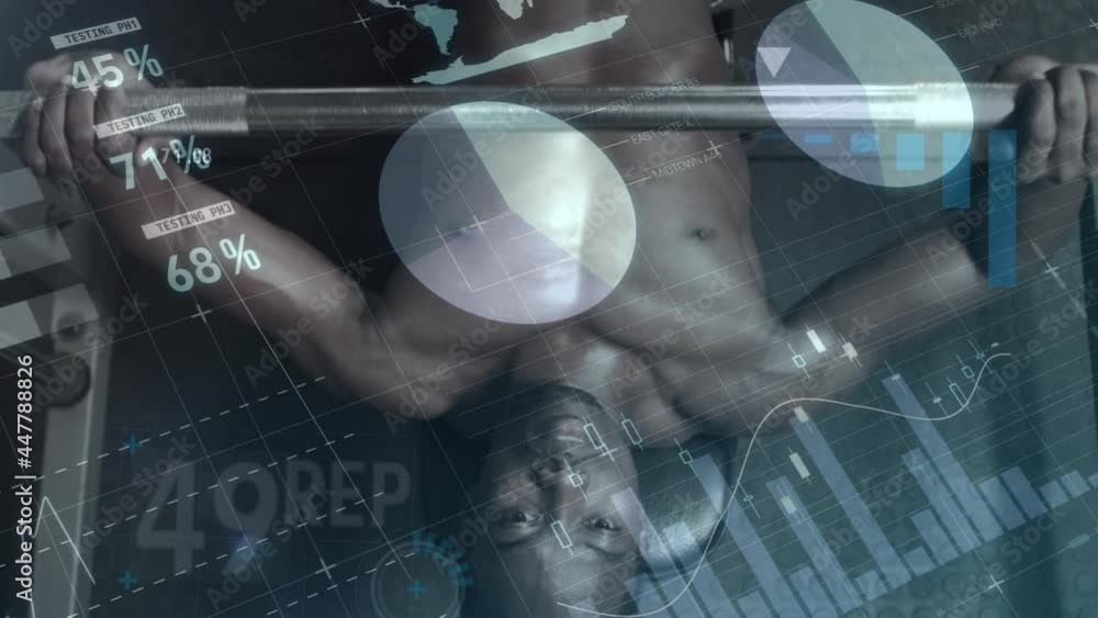 Poster animation of data processing over strong man exercising with gym equipment