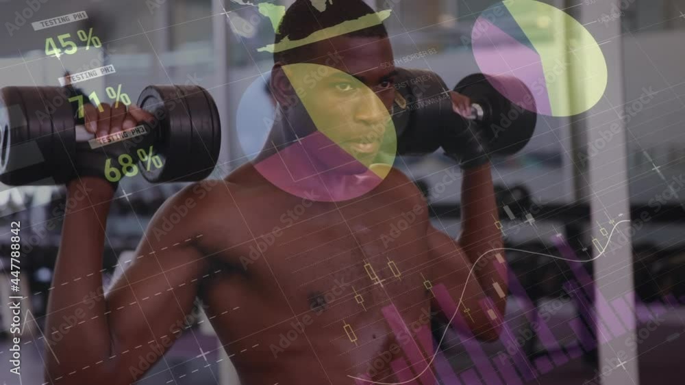 Poster animation of data processing over strong man exercising with dumbbells