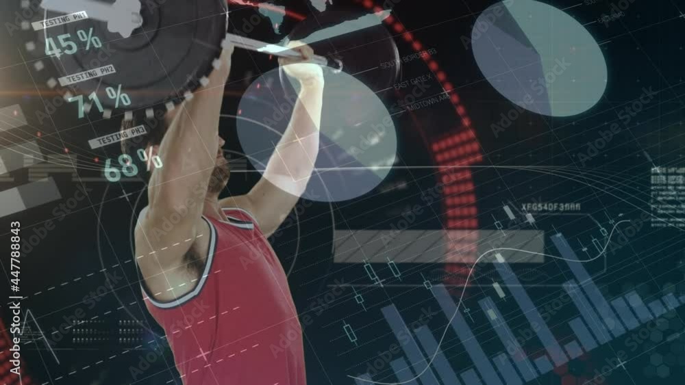 Poster animation of data processing over strong man exercising with lifting weights