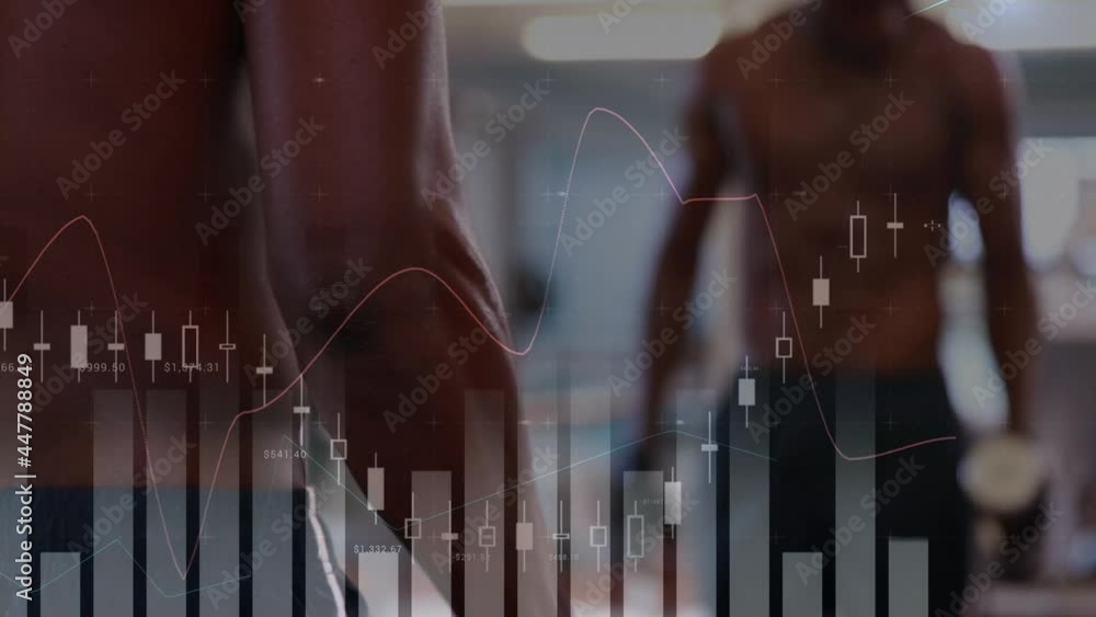 Poster animation of data processing over strong man exercising with gym equipment