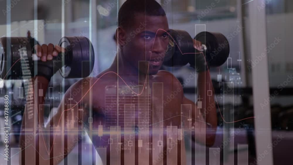 Poster animation of data processing over strong man exercising with dumbbells