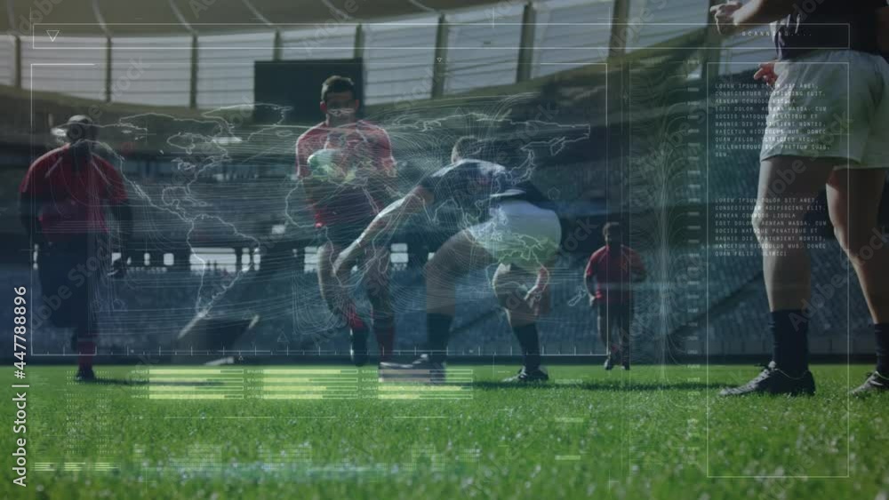 Poster Animation of data processing and rugby players over sports stadium