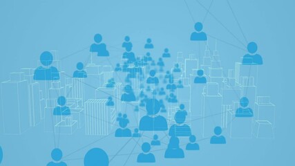 Network of profile icons over 3d city model spinning against blue background - Powered by Adobe