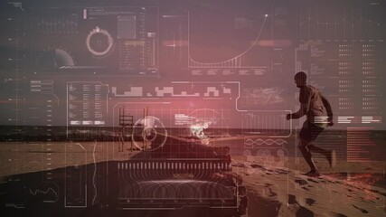 Computer interface with data processing against african american man running at the beach