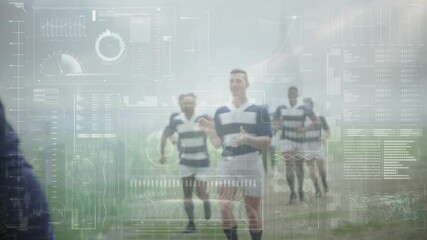 Animation of data processing and rugby players over sports stadium