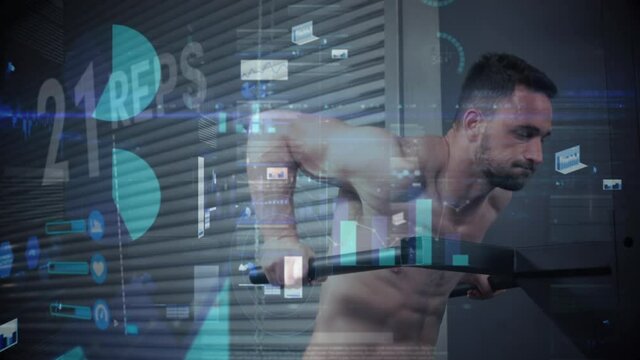 Animation of data processing over strong man exercising with gym equipment