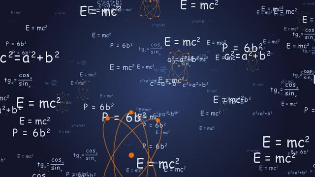 4K 3D loop video animation clip of a clean smooth slowly moving towards camera neon glowing mathematic formulas, data, graphs and equations, math problems, flying by in 3D space.
