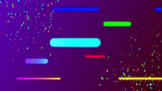 Animation of confetti falling over colourful capsule shapes moving over purple background