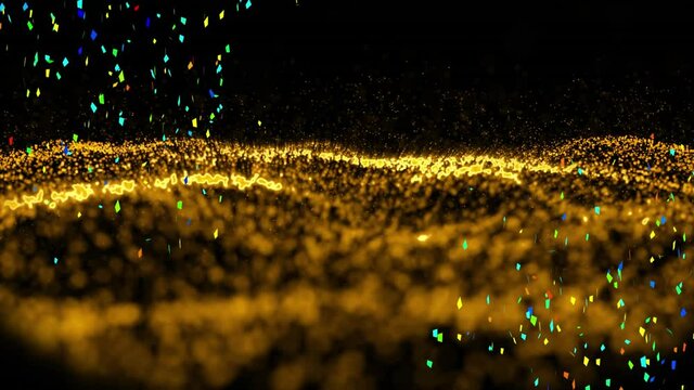Animation of colourful confetti falling, over undulating gold granular landscape on black background