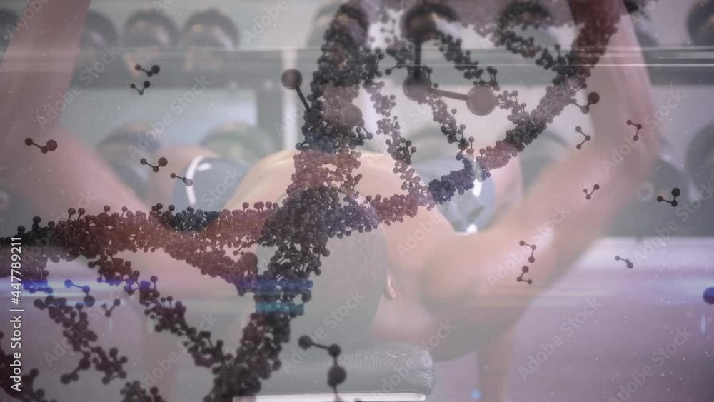 Poster Animation of dna strand spinning and data processing over strong man exercising