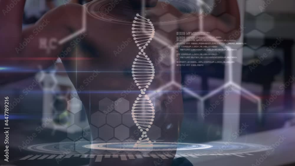 Poster Animation of dna strand spinning and data processing over strong man exercising