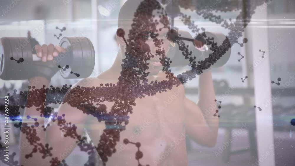 Poster Animation of dna strand spinning and data processing over strong man exercising