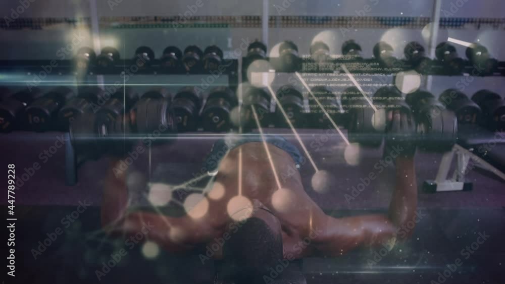 Poster Animation of dna strand spinning and data processing over strong man exercising