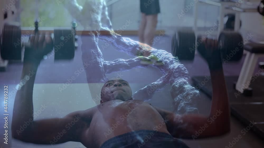 Poster animation of dna strand spinning and data processing over strong man exercising