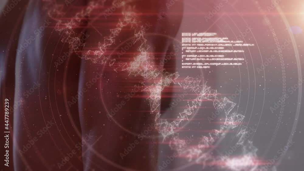 Aufkleber animation of dna strand spinning and data processing over strong man exercising