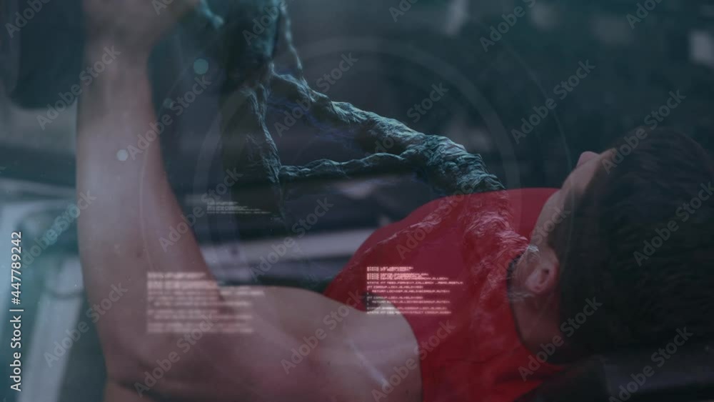 Aufkleber animation of dna strand spinning and data processing over strong man exercising