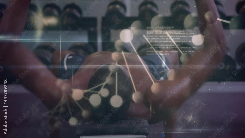 Poster animation of dna strand spinning and data processing over strong man exercising