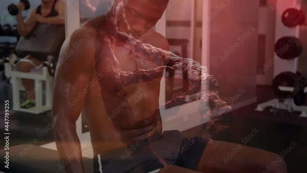 Poster animation of dna strand spinning and data processing over strong man exercising