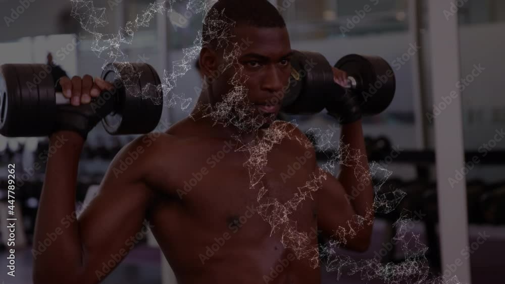 Aufkleber animation of dna strand spinning and data processing over strong man exercising