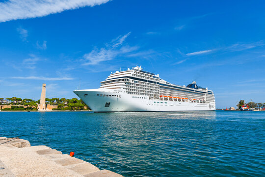 View of the MSC Musica cruise ship heading into port on a summer day in Brindisi, Italy, on September 21 2019.