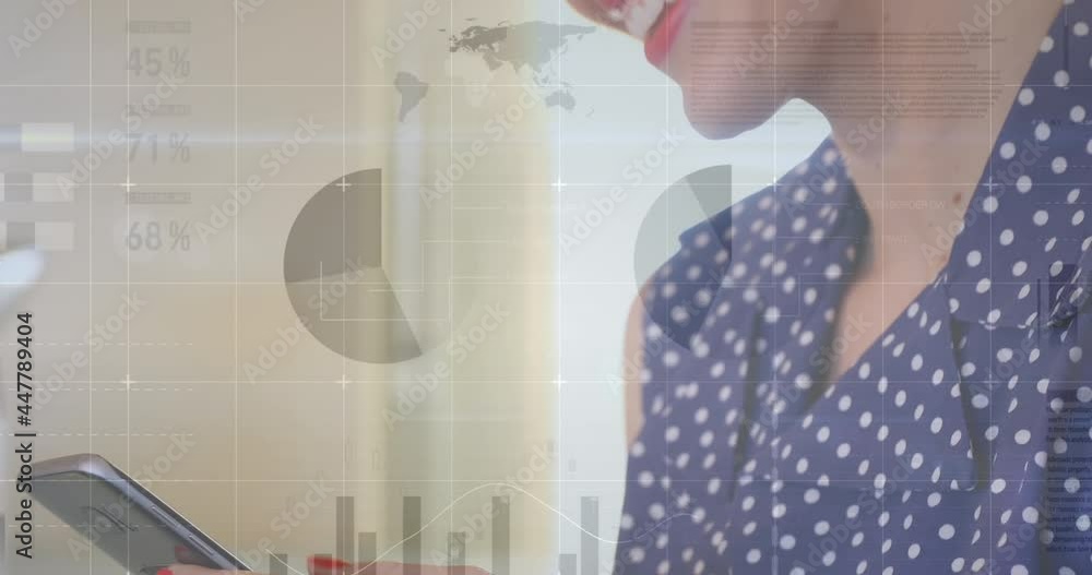 Poster animation of statistics and data processing over woman using smartphone