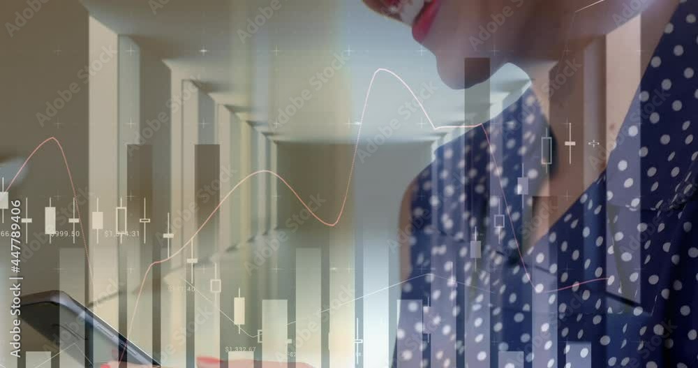 Poster animation of statistics and data processing over woman using smartphone