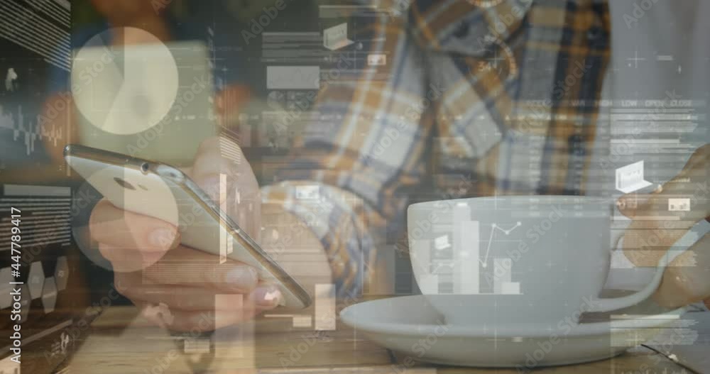 Poster animation of statistics and data processing over man using smartphone