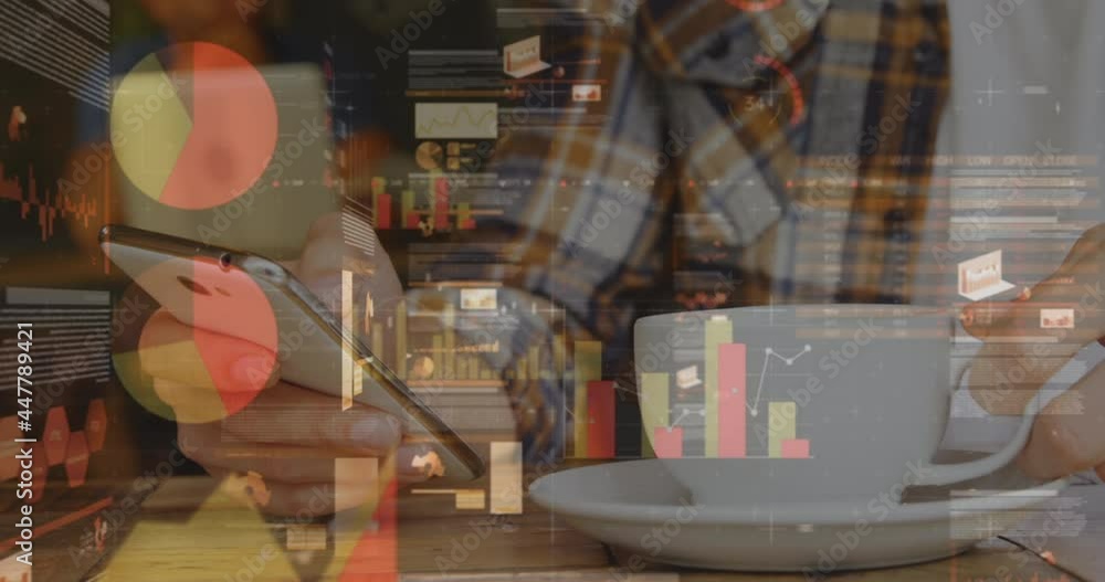 Poster animation of statistics and data processing over man using smartphone