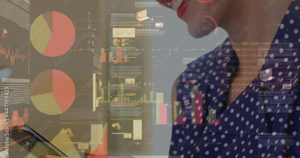Poster animation of statistics and data processing over woman using smartphone