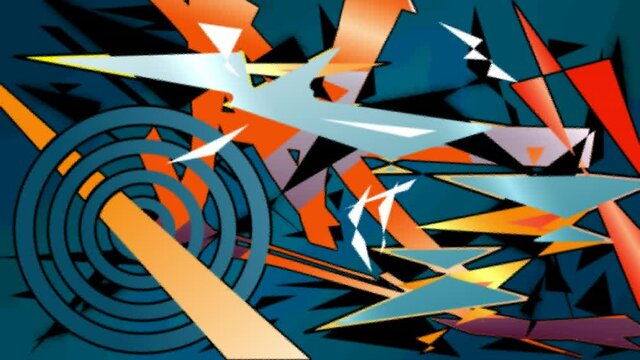 Animation of dynamic colourful graphic pattern building over red cloud on blue striped background