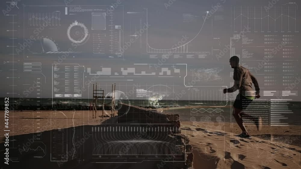 Poster animation of digital screen and data processing over fit man running by seaside