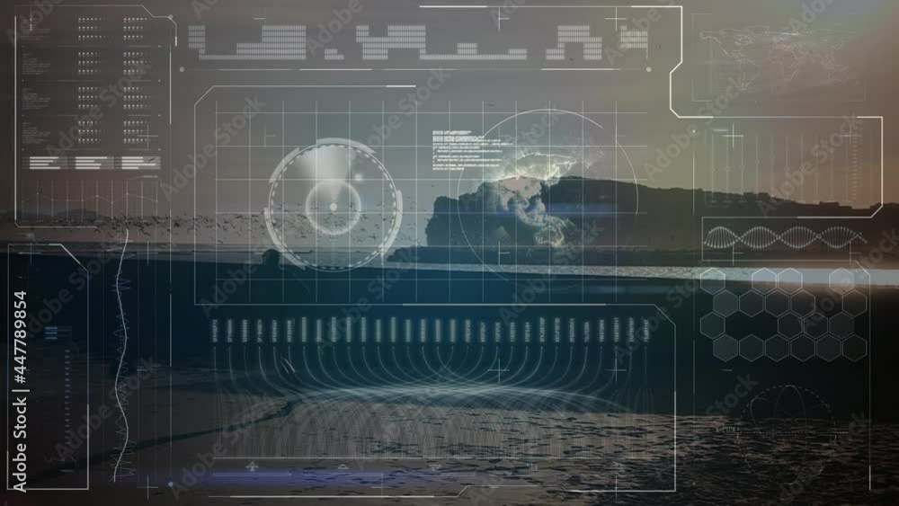 Poster animation of digital screen and data processing over fit man running by seaside