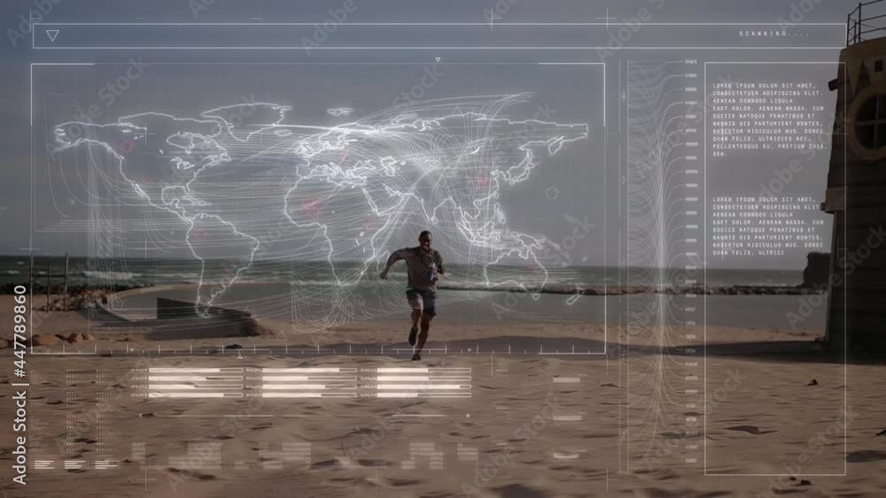 Poster animation of digital screen and world map over fit man running by seaside