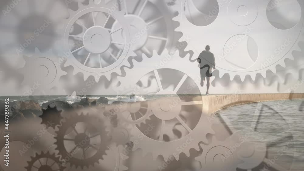 Poster animation of cogs spinning over fit man running