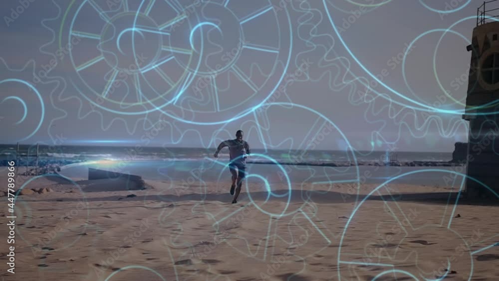 Poster animation of cogs spinning over man running on beach