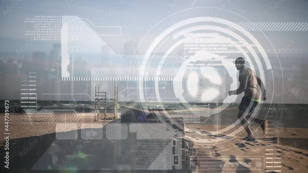 Poster animation of digital screen and data processing over fit man running by seaside