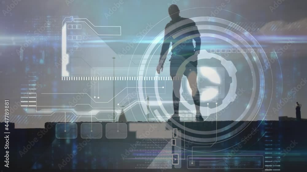 Poster animation of digital screen and data processing over fit man exercising
