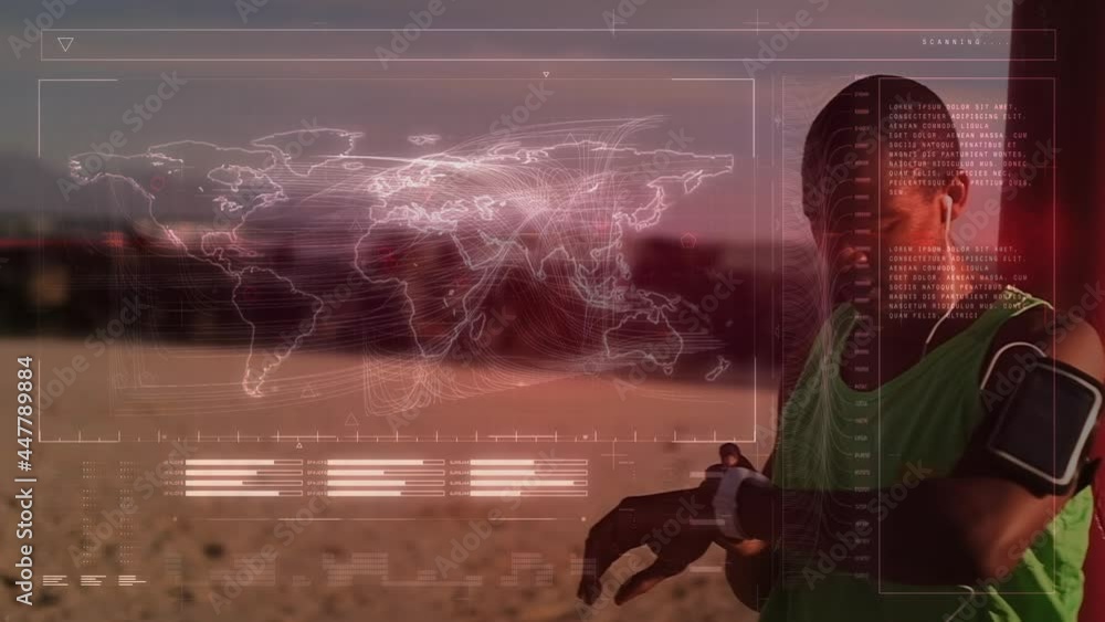 Poster animation of digital screen and world map over fit man checking smartwatch