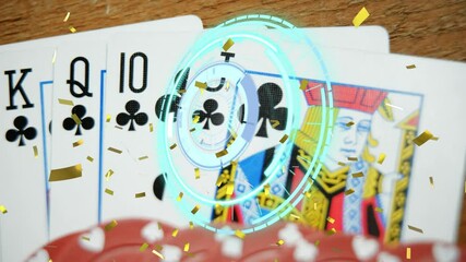 Animation of confetti, scope scanning with playing chips and cards - Powered by Adobe