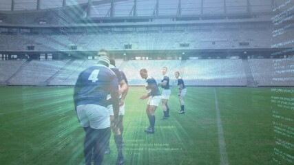 Animation of data processing over rugby players at stadium