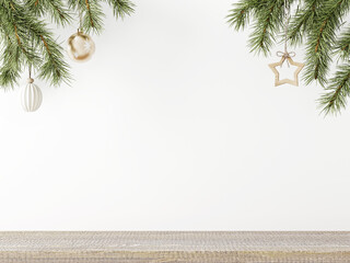 Christmas interior wall mockup with hanging pine branches with holiday decorations above rustic rough wooden shelf on empty white background. 3D rendering, illustration.