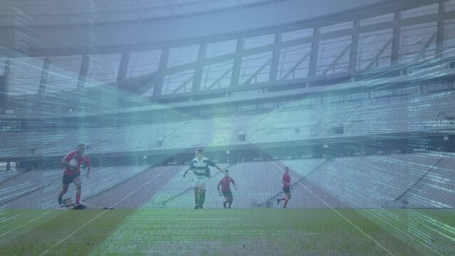 Animation of data processing over rugby players at stadium