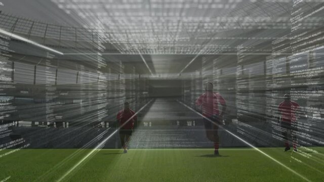 Animation of data processing over rugby players at stadium