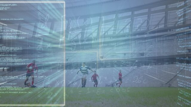 Animation of data processing over rugby players at stadium