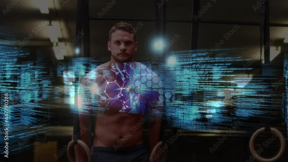 Poster animation of data processing over muscular man exercising