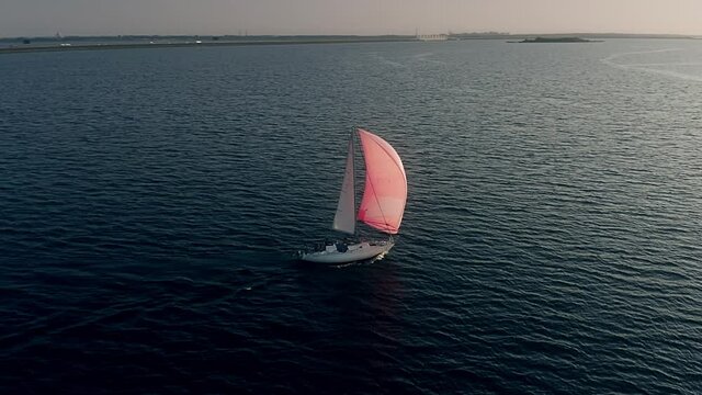 Aerial orbiting view of a cruising sailing yacht with pink sail on the sea