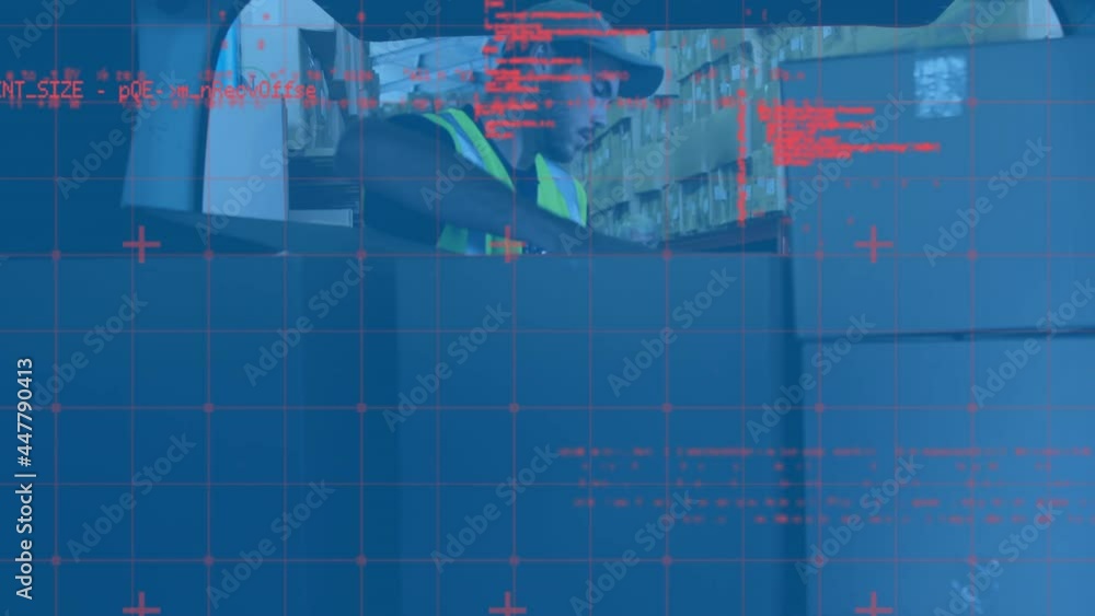 Poster data processing over grid network against caucasian delivery man stacking delivery boxes in his van